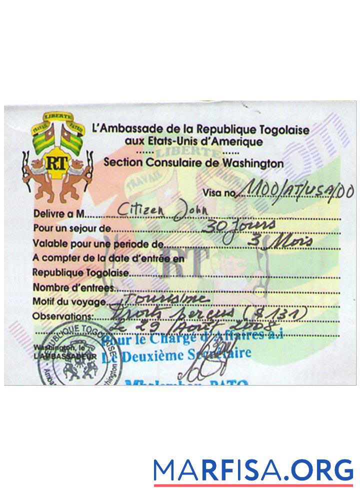 Downloadable Togolaise visa sample